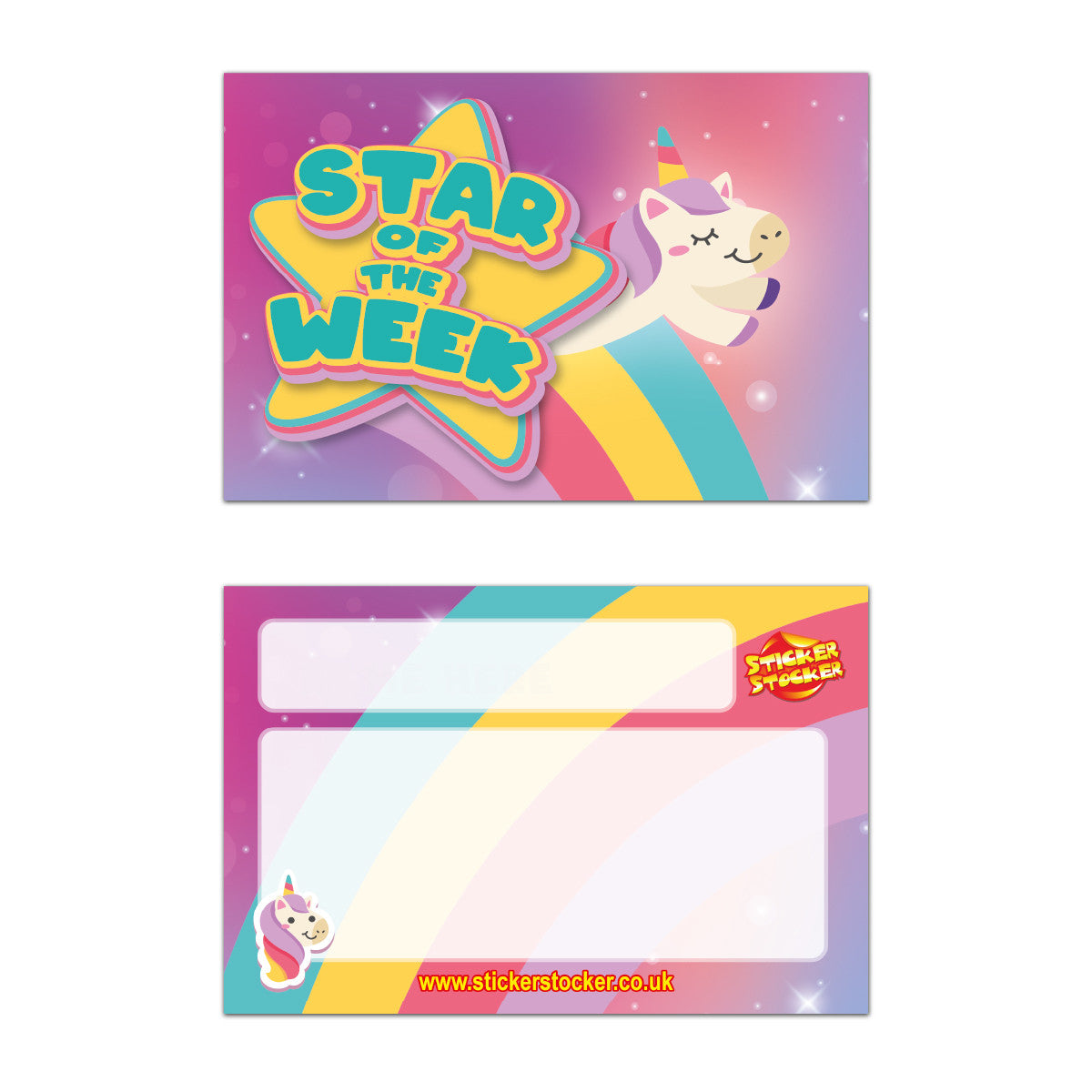 Sticker Stocker - Unicorn Star of the Week award cards for school teachers, wallet sized glossy reward cards