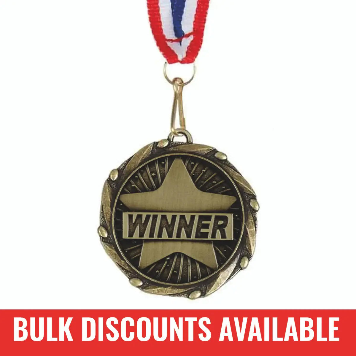 Gold winner medal with red, white, and blue ribbon, bulk discounts available