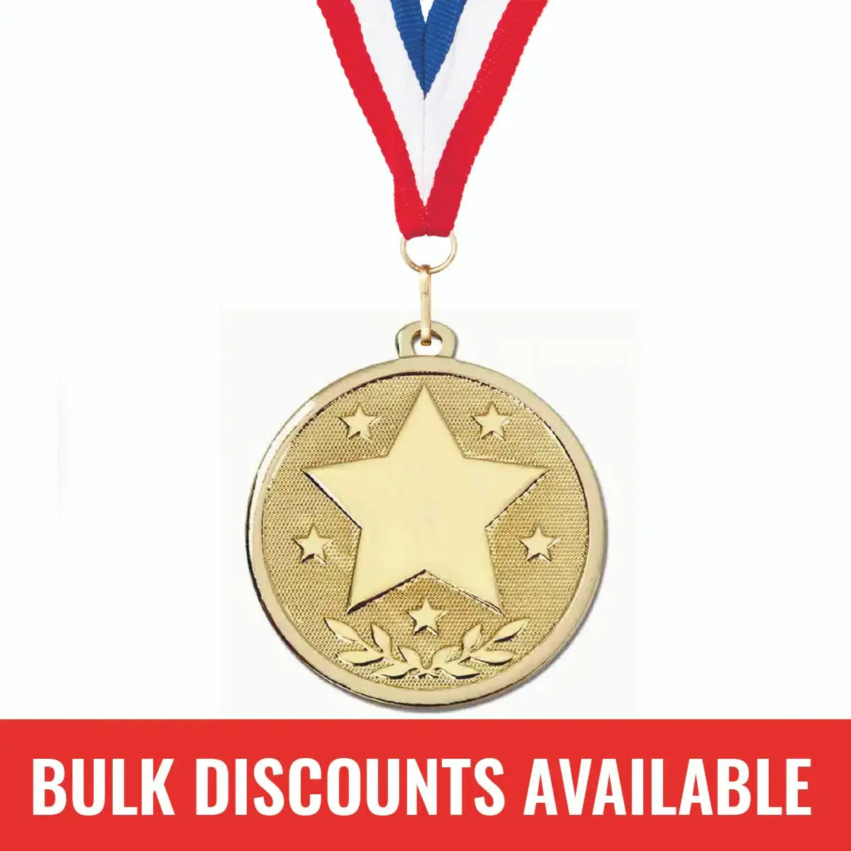 Gold star medal with red, white, and blue ribbon, bulk discounts available banner