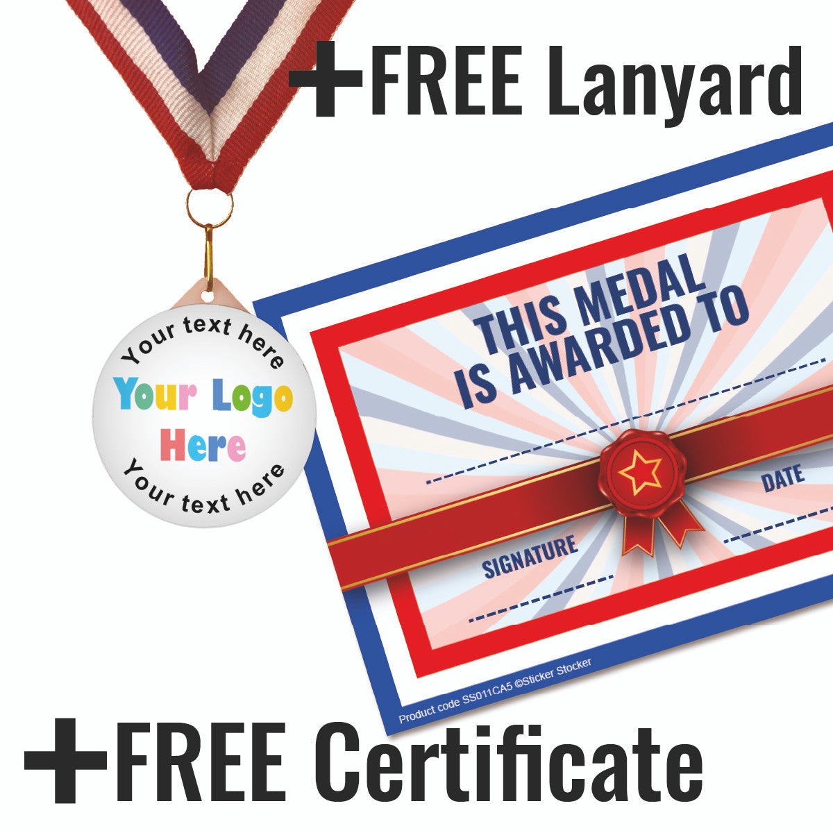 Sticker Stocker - Create your own Medal - your own image and text Large 55mm Plastic Medal FREE Ribbon and Certificate