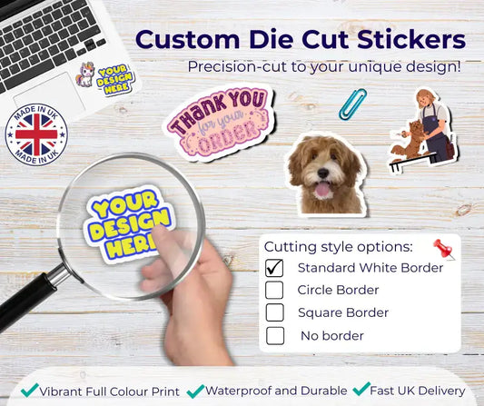 Custom die cut stickers with vibrant full color print, waterproof & durable, perfect for teachers and students
