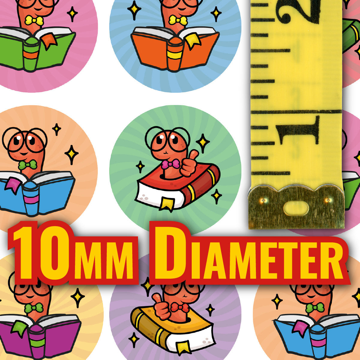 Sticker Stocker - 900 Mini Book Worm Reading Reward Dots 10mm Glossy Teacher Reward Stickers Spot Stickers Journal Stickers