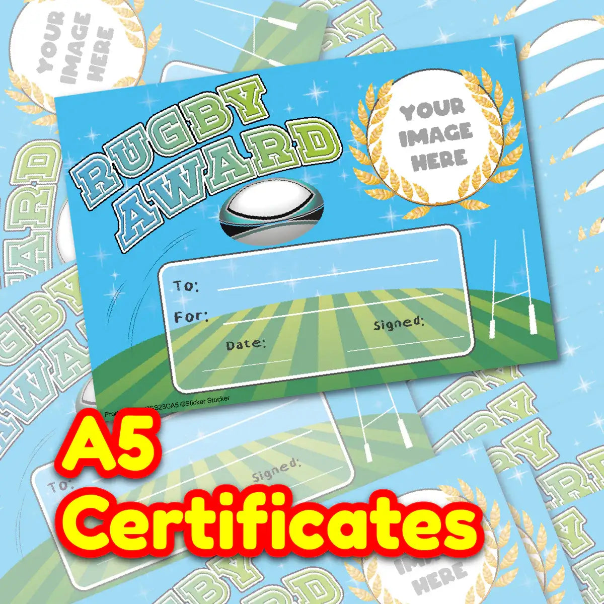 Rugby award certificate A5 size with rugby ball, laurel wreath, and space for details.