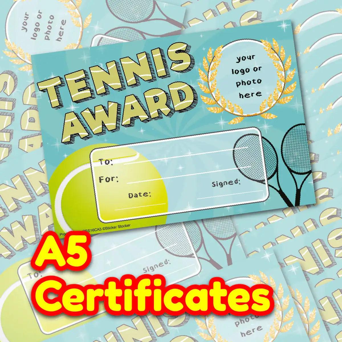 A5 tennis award certificate with tennis ball, rackets, and laurels on a blue background.