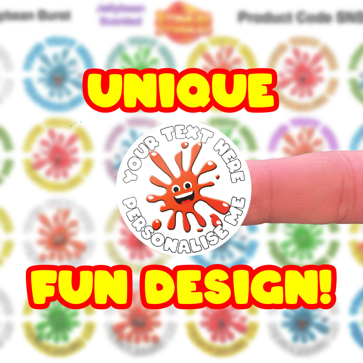 120 Jellybean Splat Scented Personalised Stickers - 30 mm - School Teachers Parents