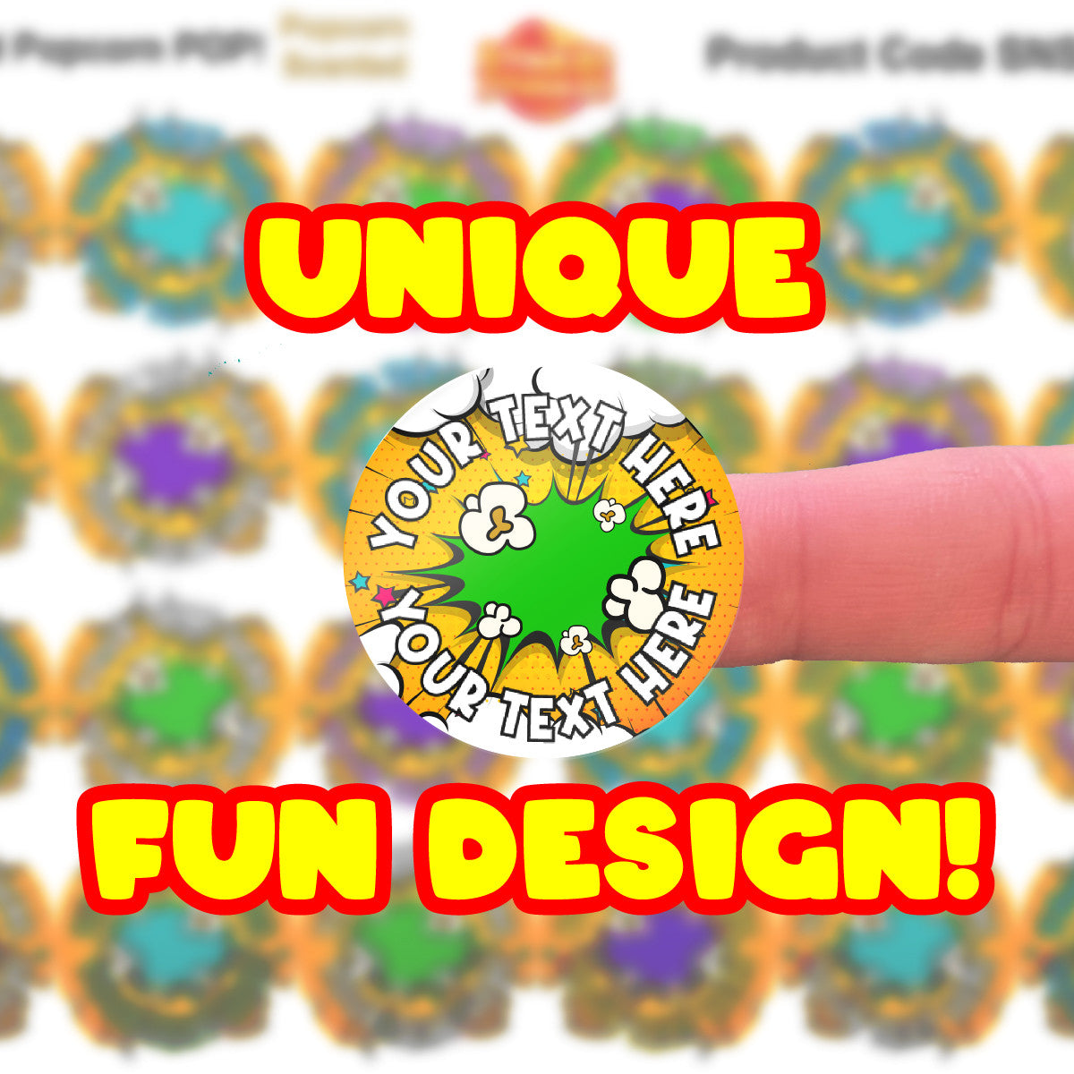 120 Popcorn POP! Scented Personalised Stickers - 30 mm - School Teachers Parents