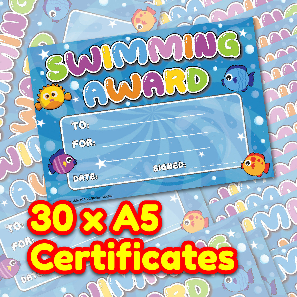 Sticker Stocker 30 Swimming Award certificates for school teachers, 250gsm A5 silk finish card