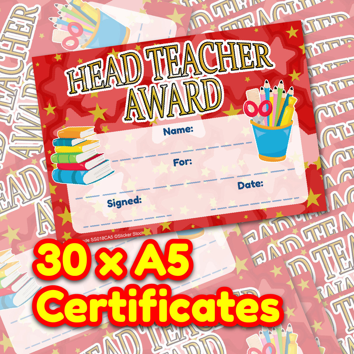 Sticker Stocker 30 Head Teacher Award certificates for school teachers, 250gsm A5 silk finish card