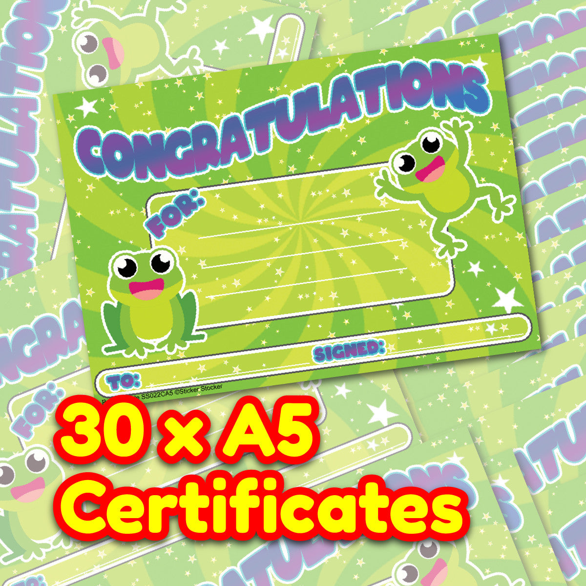 Sticker Stocker 30 Congratulations Frog Award certificates for school teachers, 250gsm A5 silk finish card