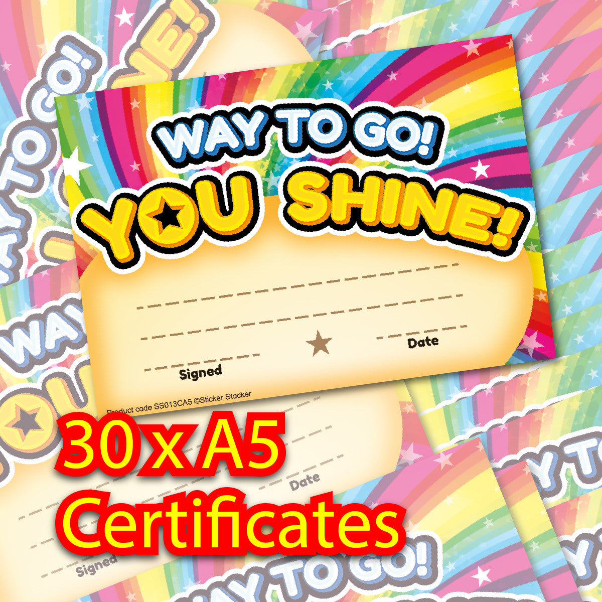 Sticker Stocker - 30 Way to go, You Shine certificates for school teachers, 250gsm A5 silk finish card