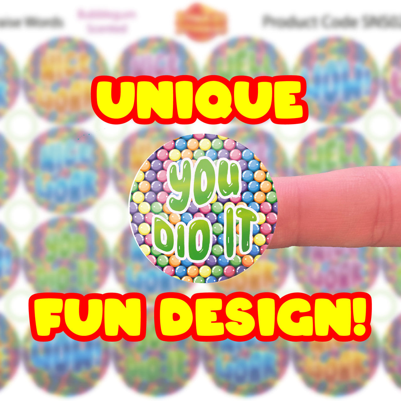 Sticker Stocker - 120 Bubblegum Praise Words 30mm Scented Reward Stickers for Teachers, Parents and Party Bags