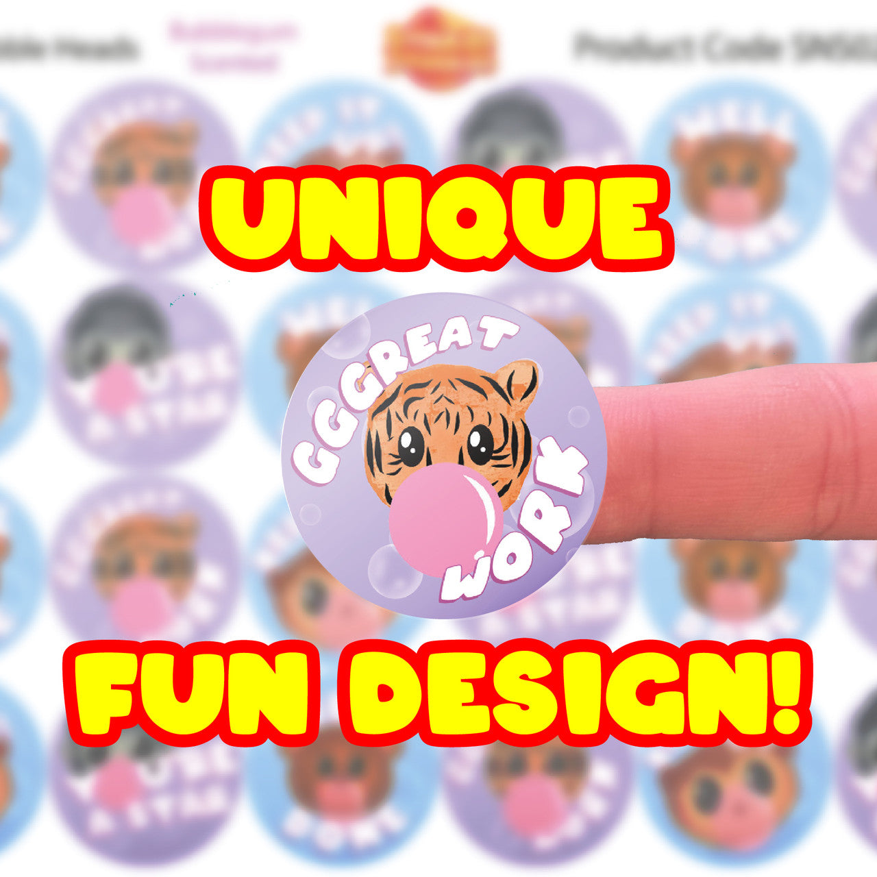 Sticker Stocker - 120 Bubble gum Heads 30mm Scented Reward Stickers for Teachers, Parents and Party Bags