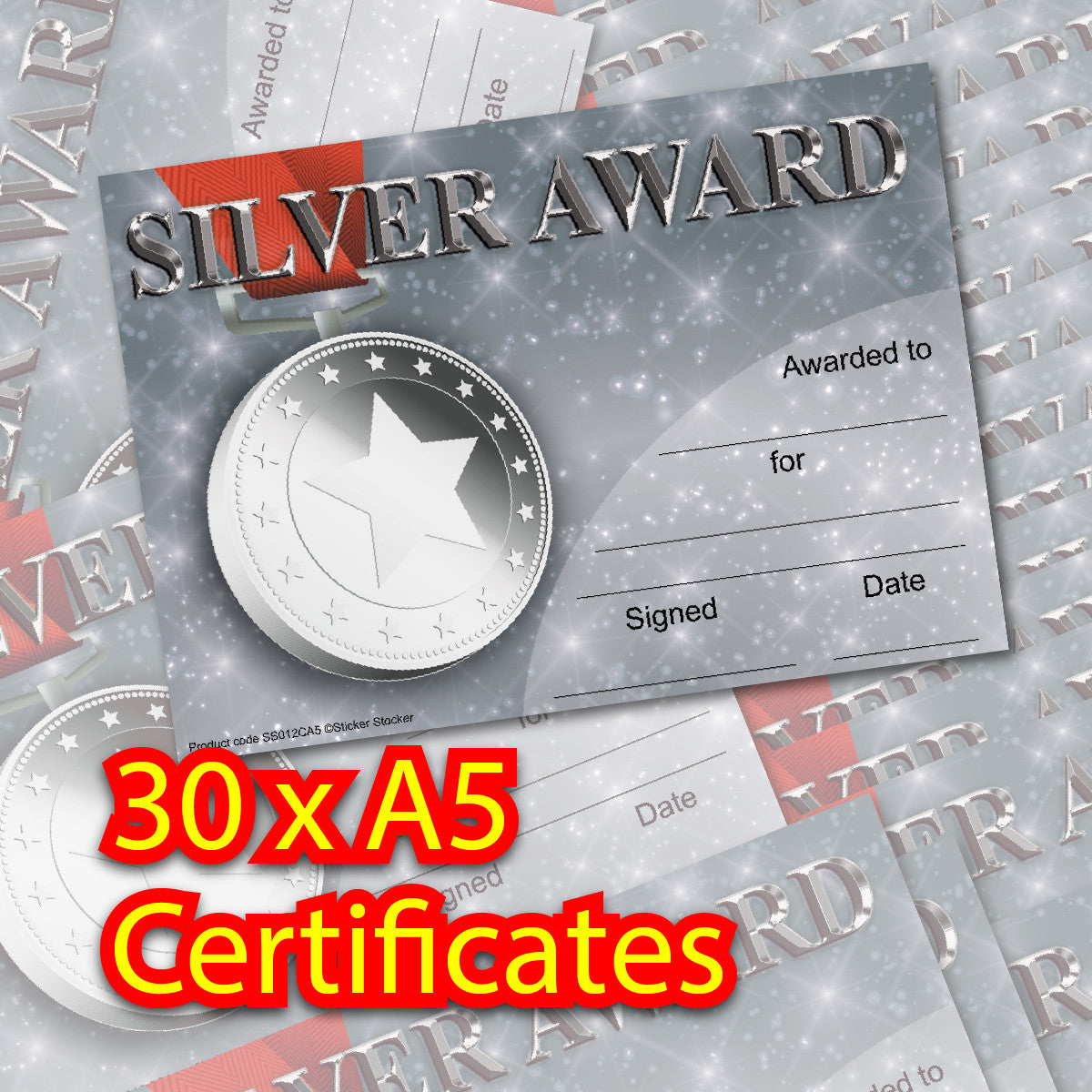 Sticker Stocker 30 Silver Award Certificates for school teachers, 250gsm A5 silk finish card