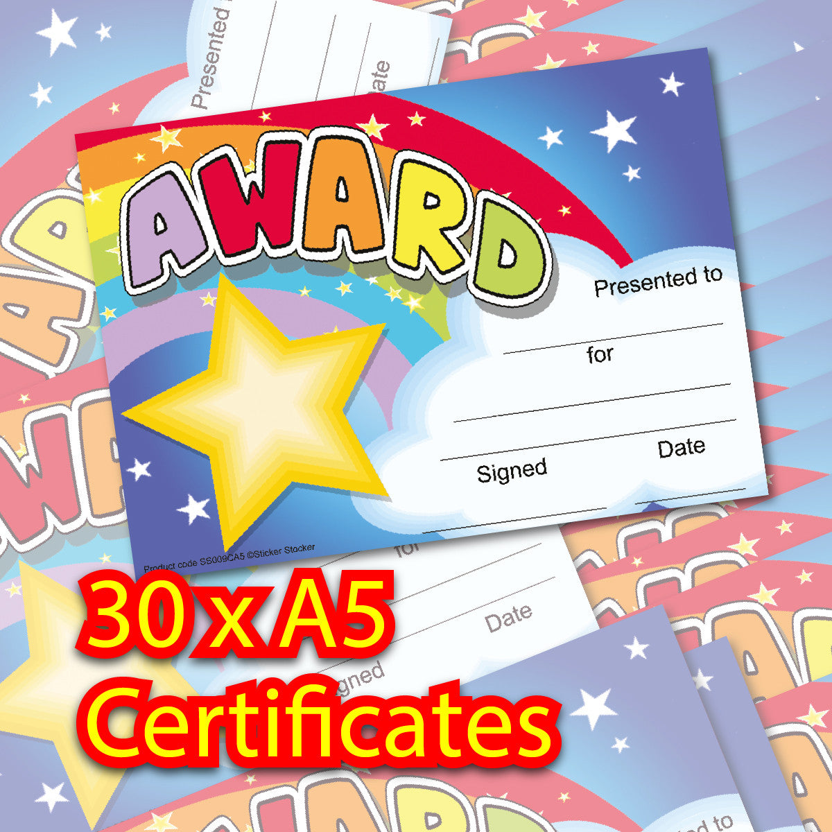 Sticker Stocker 30 Rainbow Award certificates for school teachers, 250gsm A5 silk finish card
