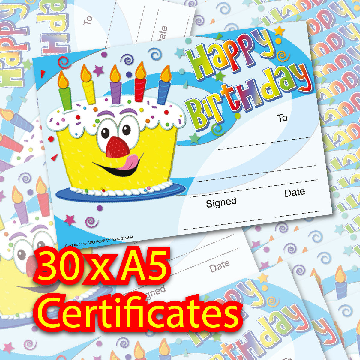 Sticker Stocker 30 Happy Birthday Cake themed award certificates for school teachers, 250gsm A5 silk finish card