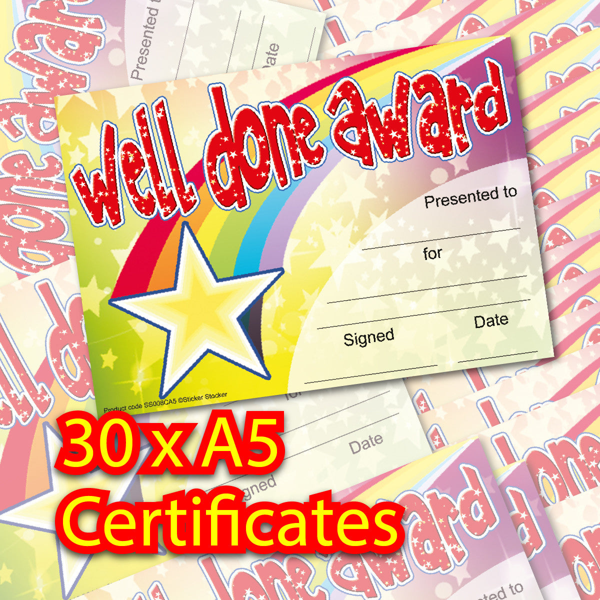 Sticker Stocker 30 Well Done Award certificates for school teachers, 250gsm A5 silk finish card
