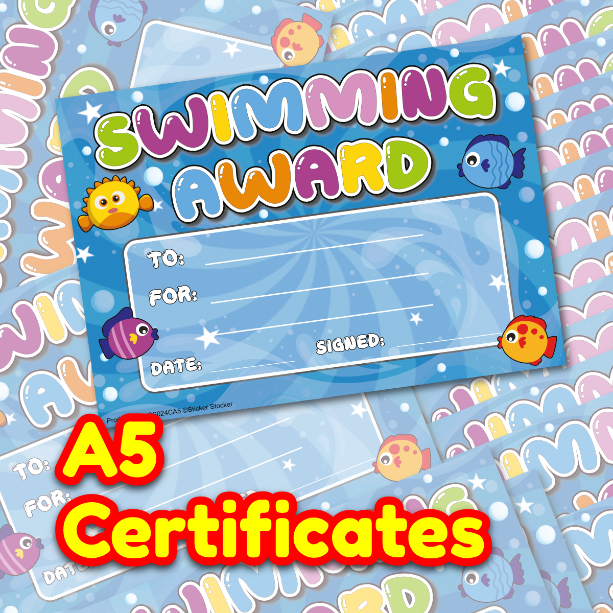 Sticker Stocker 30 Swimming Award certificates for school teachers, 250gsm A5 silk finish card