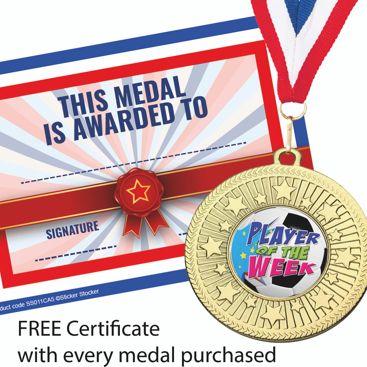 Sticker Stocker - Football Award Medal Player of the Week with FREE Ribbon and Certificate 50mm Metal