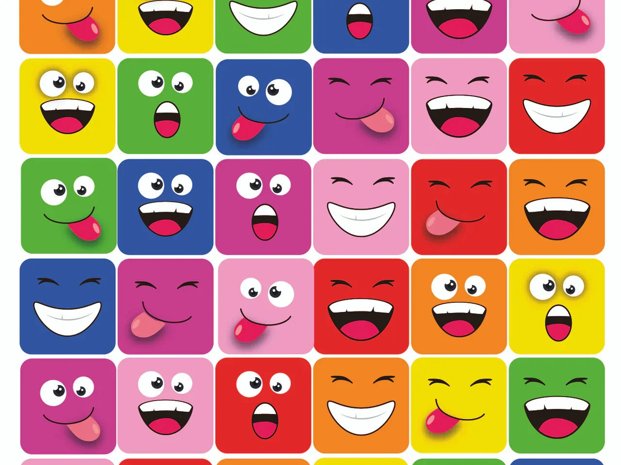 Colorful sheet of square reward stickers with smiling and silly cartoon faces