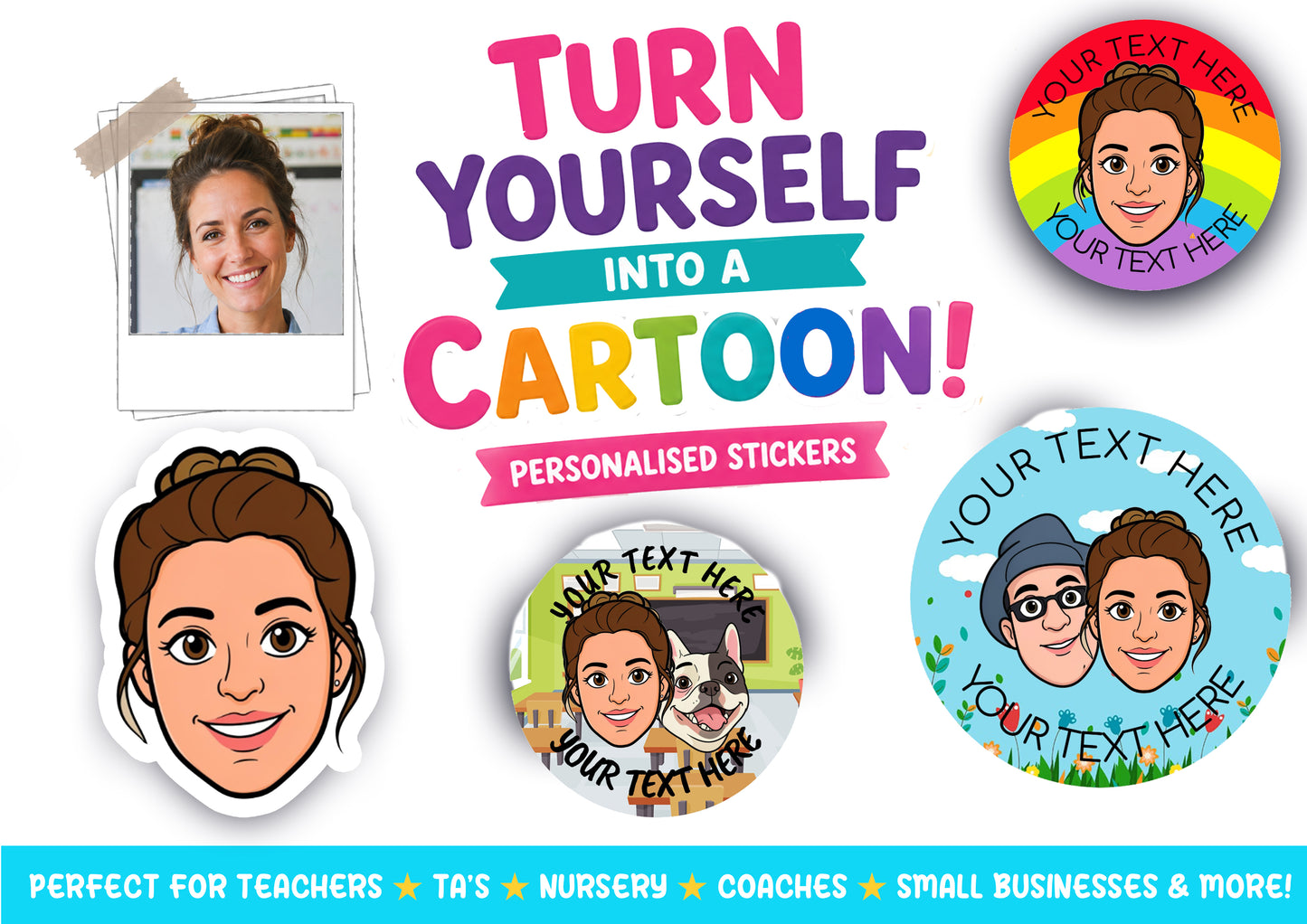 Personalised Cartoon Stickers - Custom Cartoon Face & Name, Round Glossy Labels