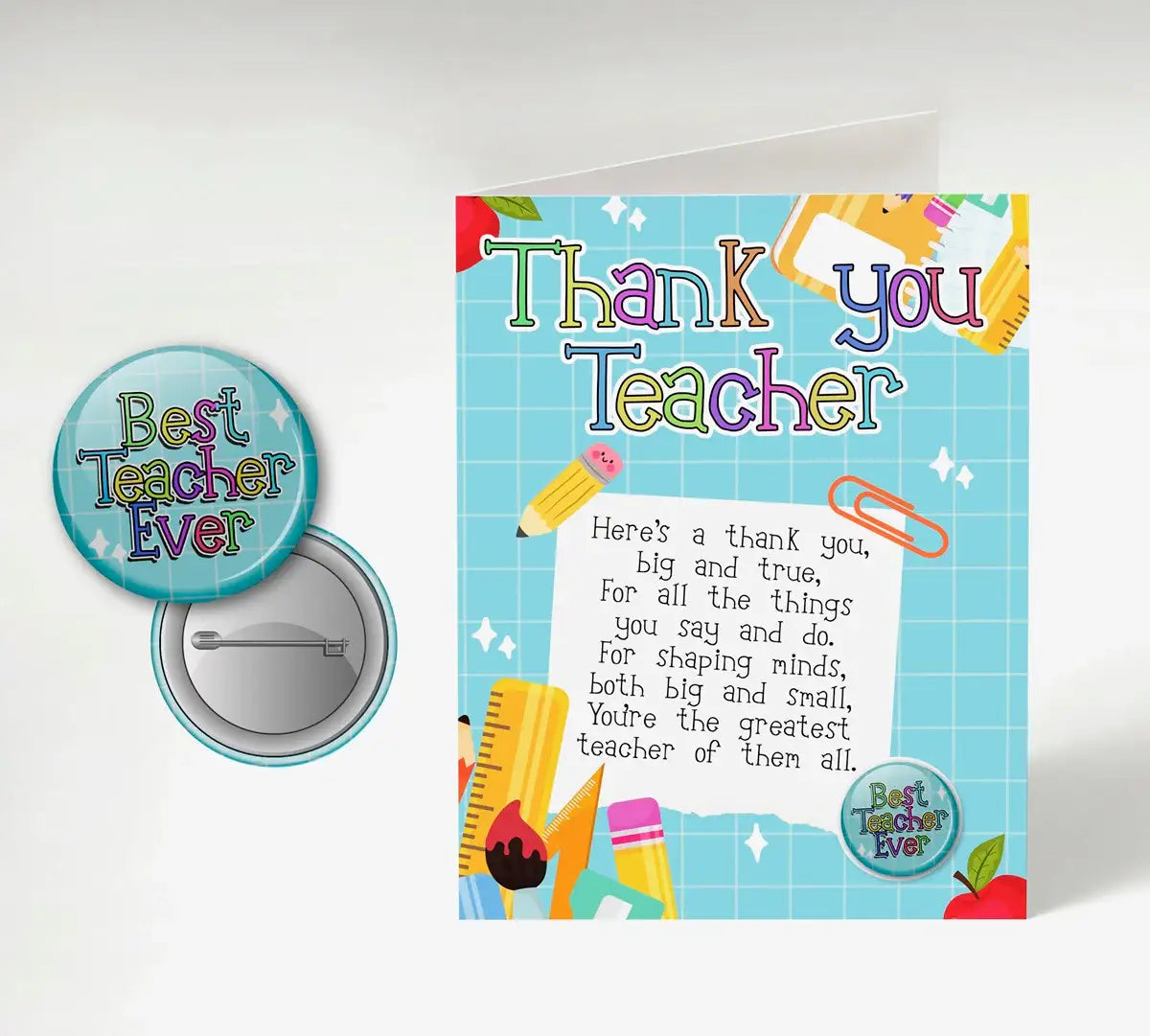 Thank you teacher card with school supplies and 'Best Teacher Ever' badge, ideal for classroom appreciation.