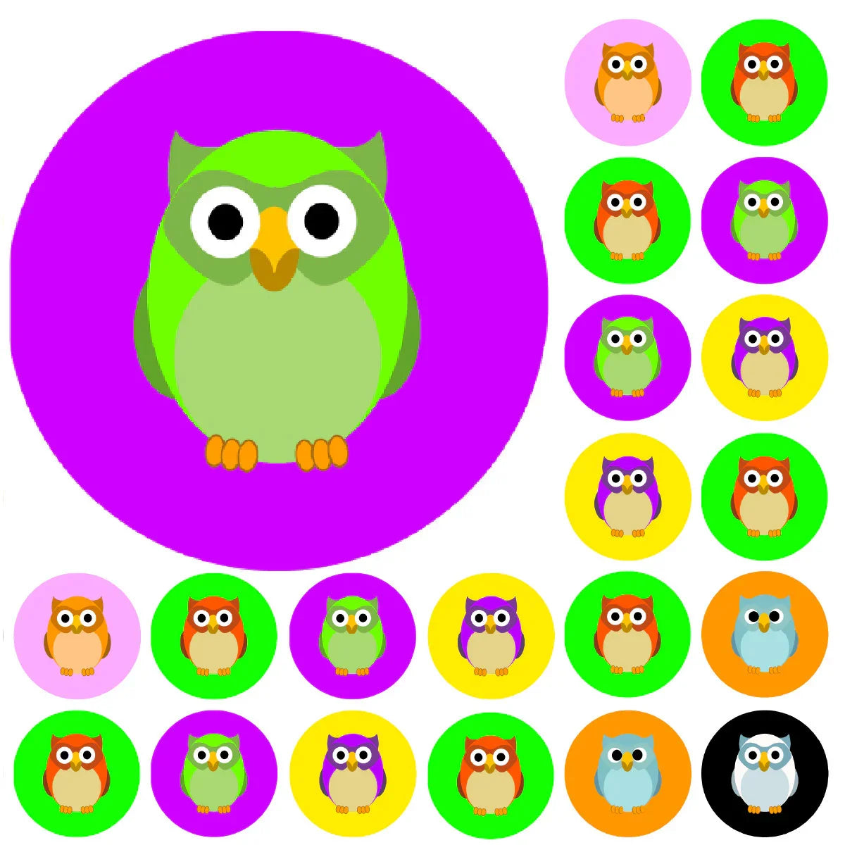 Colorful cartoon owl reward stickers on various bright backgrounds for classroom use.