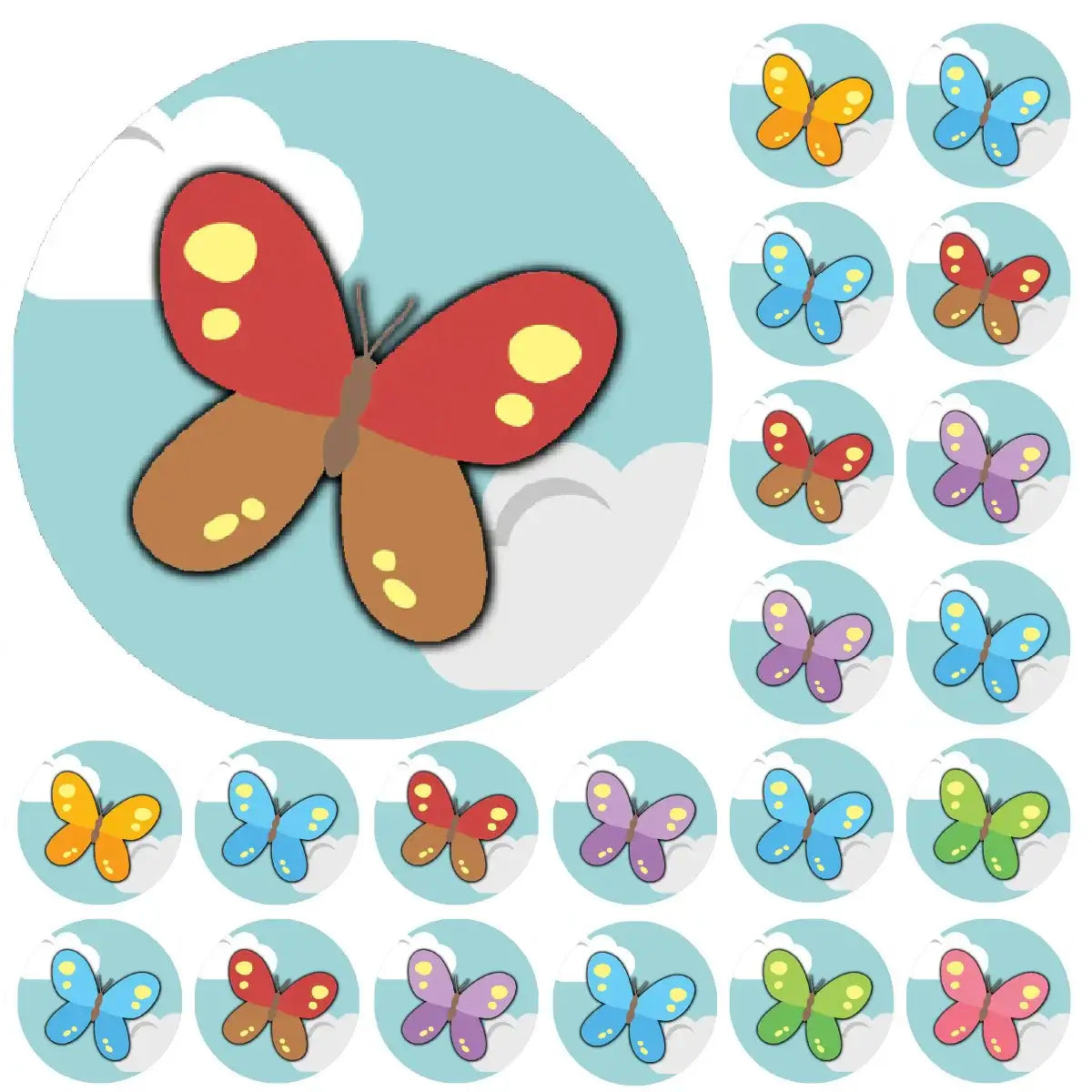 Colorful butterfly reward stickers on blue sky background with clouds, assorted designs