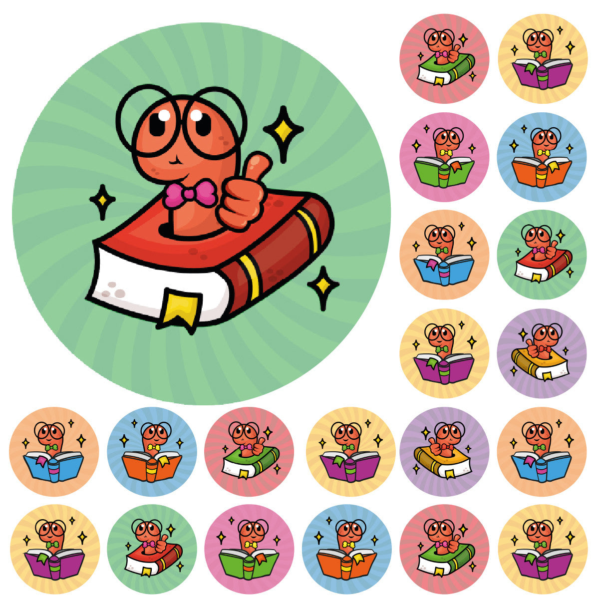 Sticker Stocker - 900 Mini Book Worm Reading Reward Dots 10mm Glossy Teacher Reward Stickers Spot Stickers Journal Stickers
