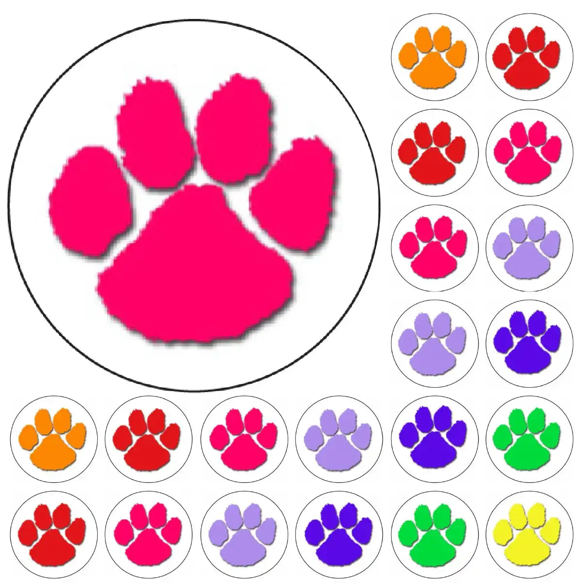 Colorful paw print reward stickers in assorted colors on a white background