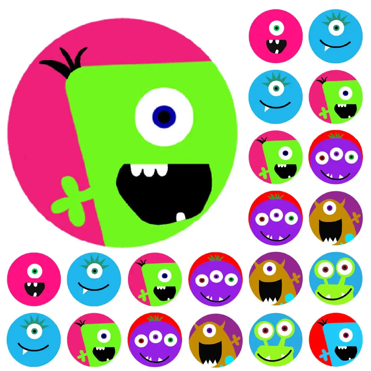 Colorful monster reward stickers with one or multiple eyes, perfect for classrooms.
