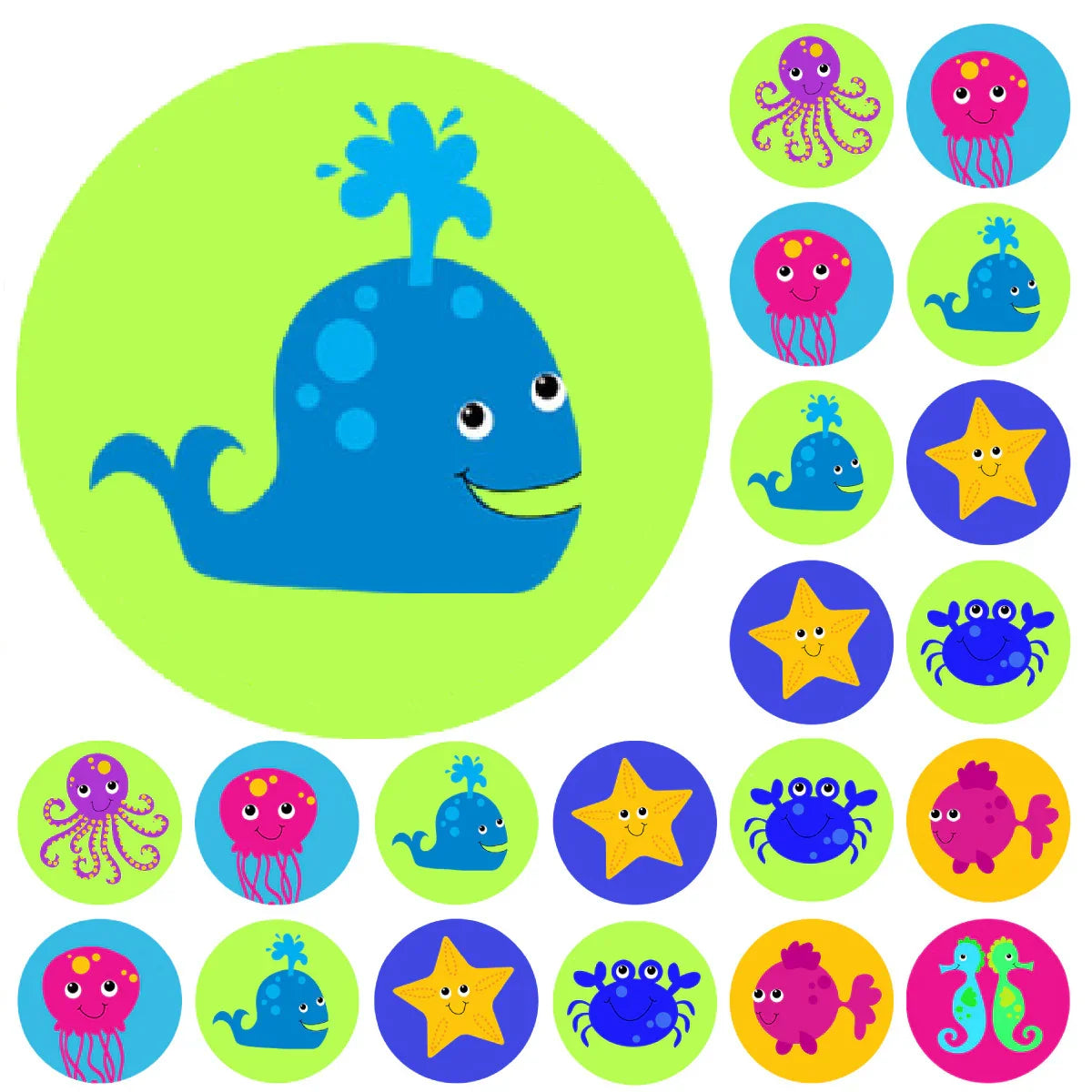 Colorful sea animal reward stickers with whale, octopus, starfish, crab, fish, seahorse designs.