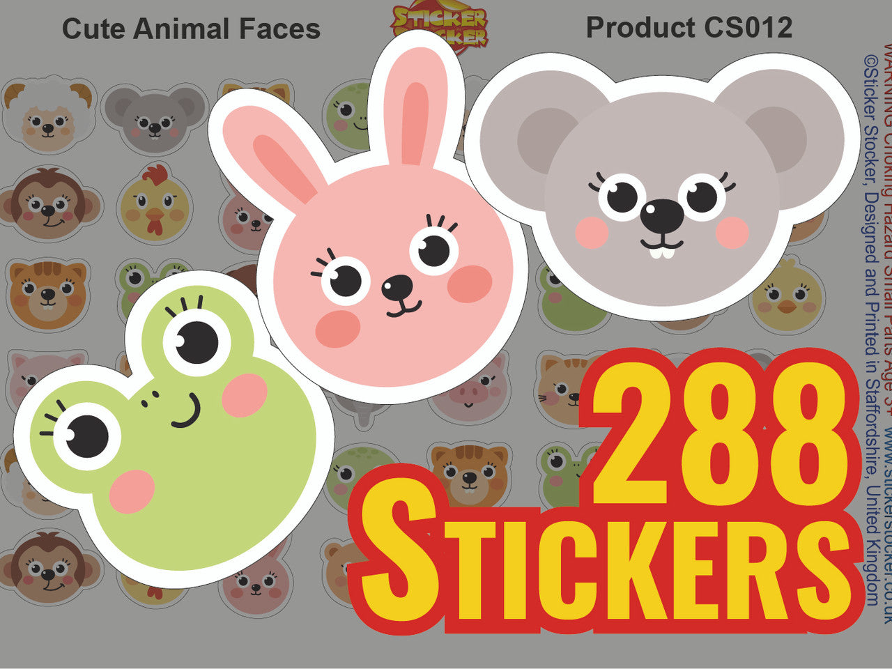 Sticker Stocker - 288 Cute Animal Faces 20mm Shaped Children's Reward Stickers for School Teachers or Nurses