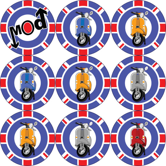 Sticker Stocker - 144 Mods Scooters Themed Stickers 30mm Glossy Labels