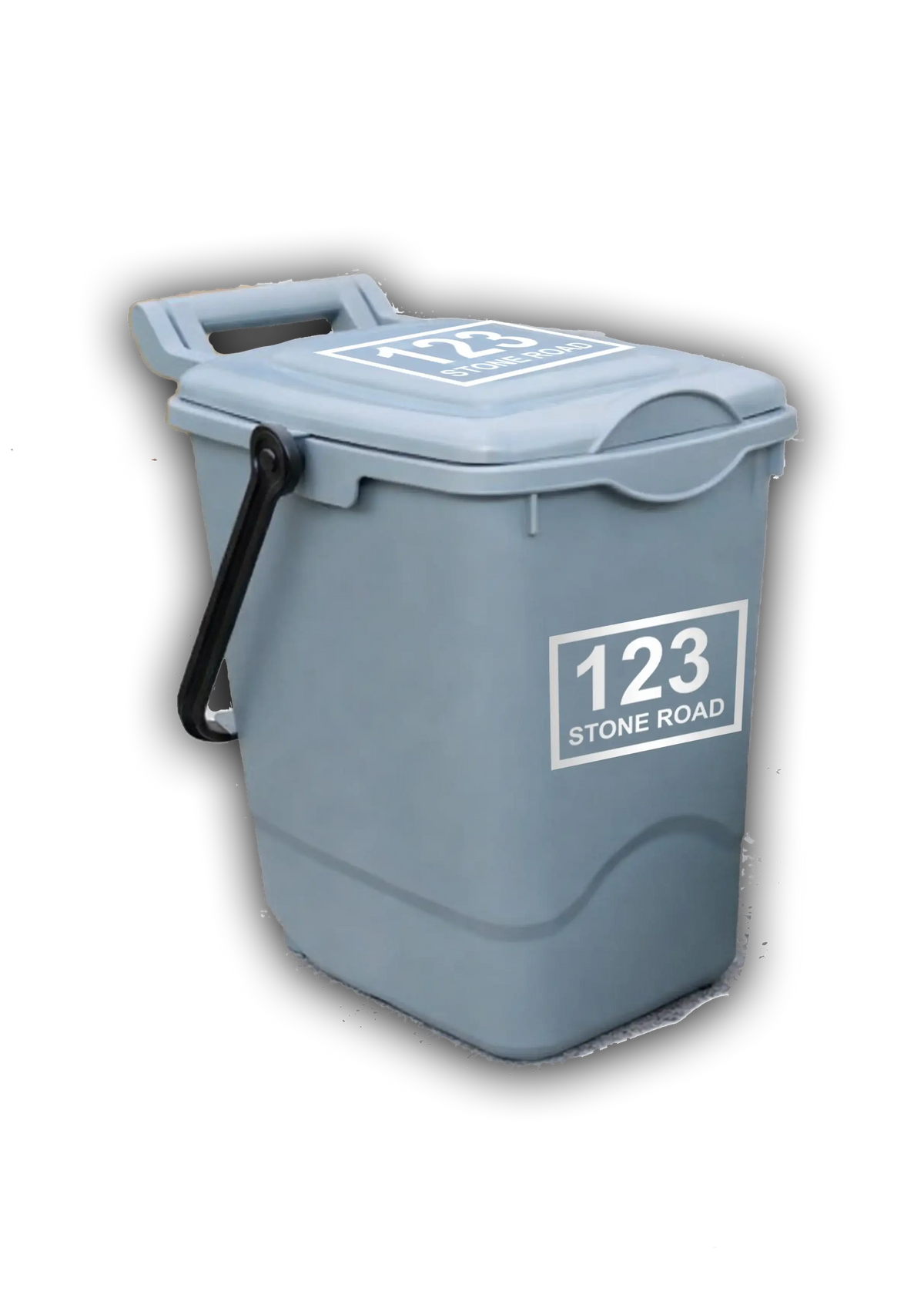 Gray storage bin labeled 123 Stone Road with black handle for classroom organization