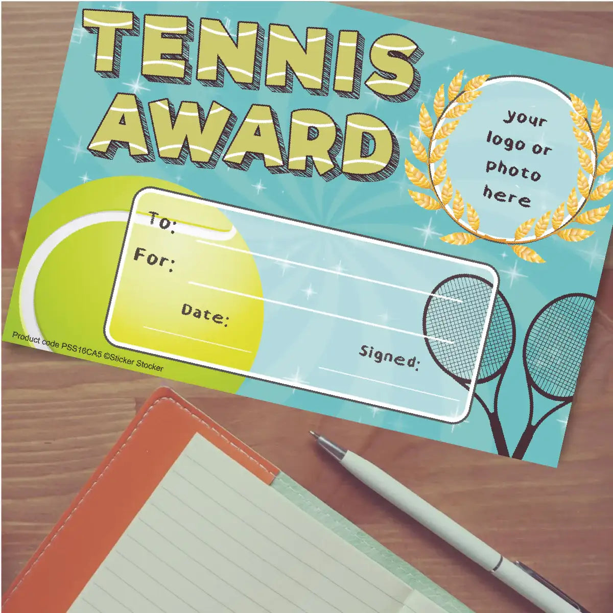 Tennis award certificate with tennis ball, rackets, and space for recipient details
