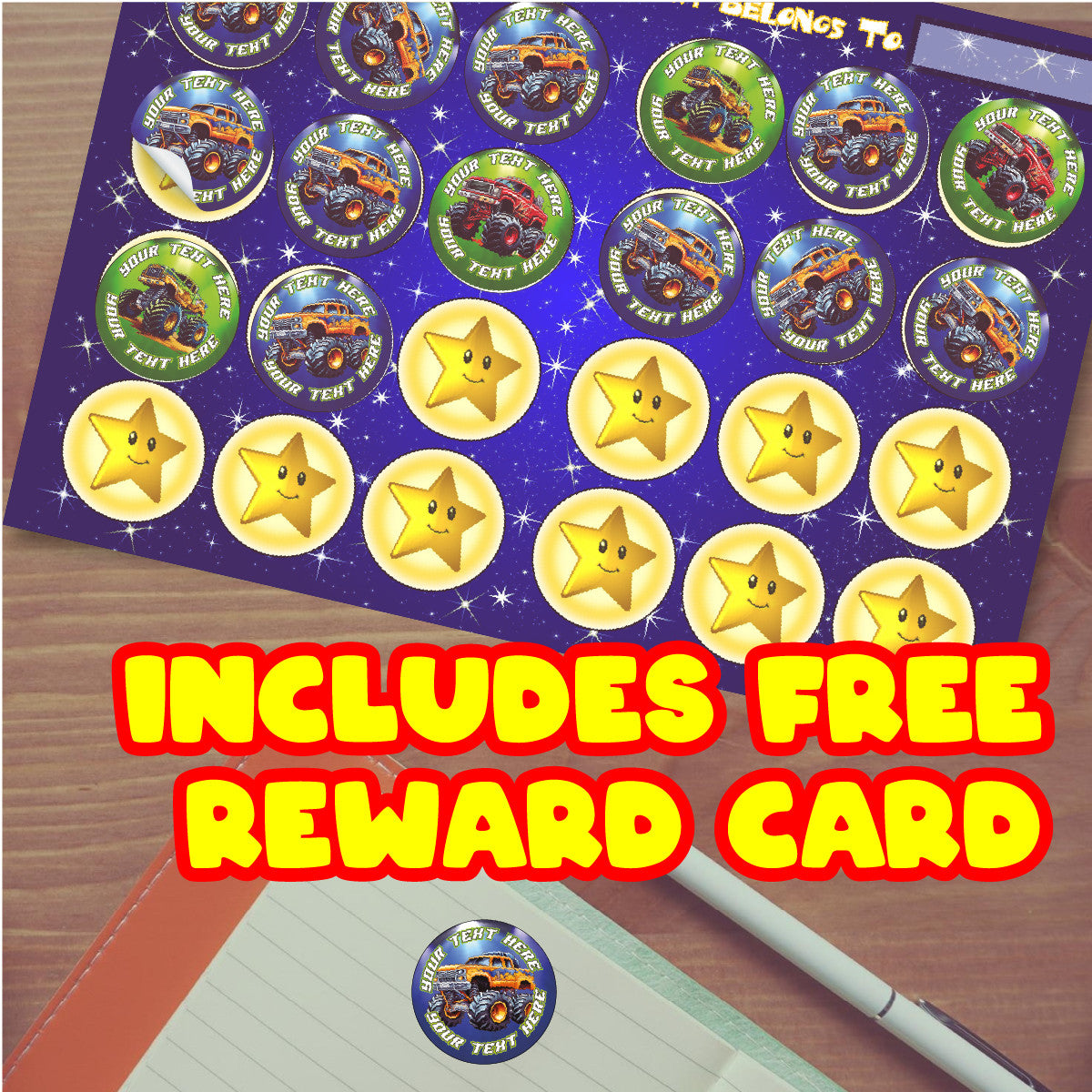 144 Monster Truck Personalised 30mm Children's Reward Stickers for Teachers or Parents and Party Bags