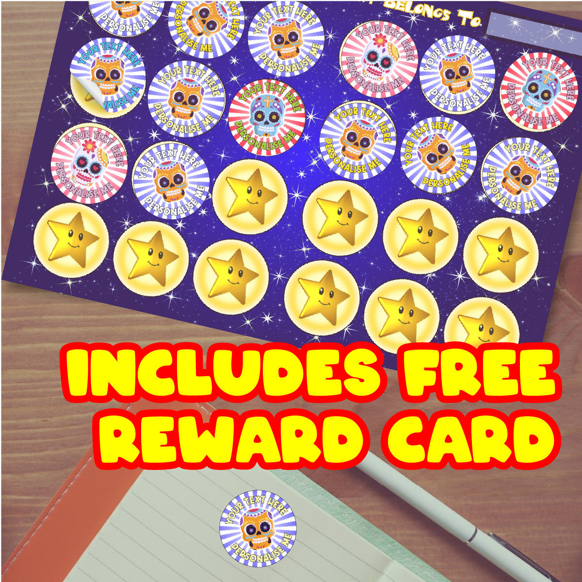 144 Personalised Colourful Skulls 30mm Reward Stickers for School Teachers, Parents and Nursery