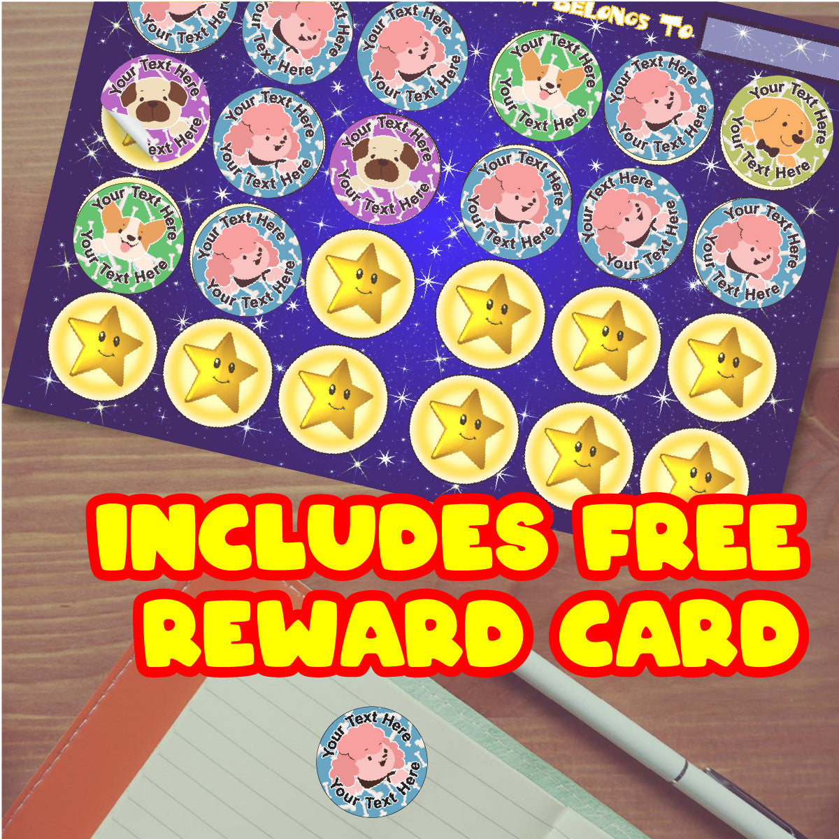 144 Personalised Happy Dogs 30mm Reward Stickers for School Teachers, Parents and Nursery
