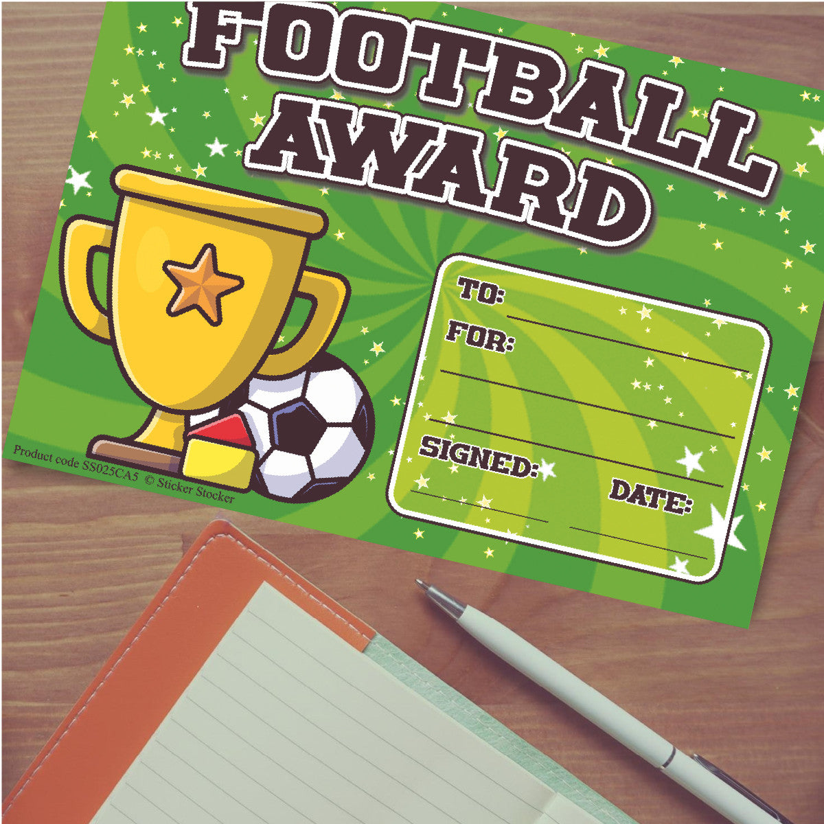 Sticker Stocker 30 Football Award certificates for school teachers, 250gsm A5 silk finish card
