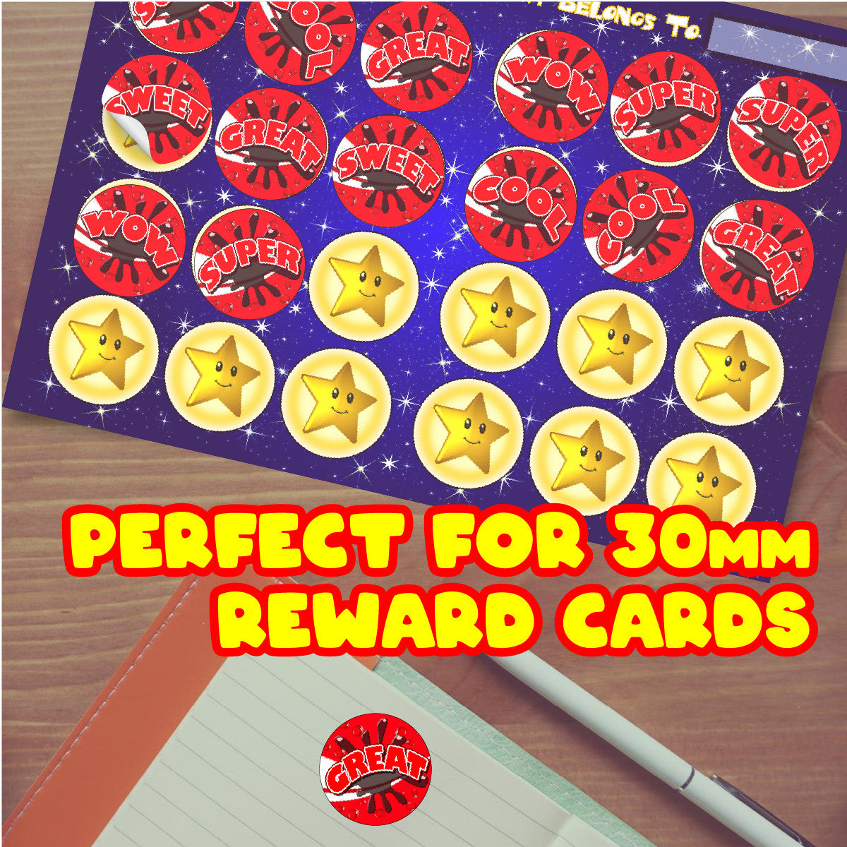 120 Cola Burst Praise Words Scented 30mm Reward Stickers for Teachers, Parents and Party Bags