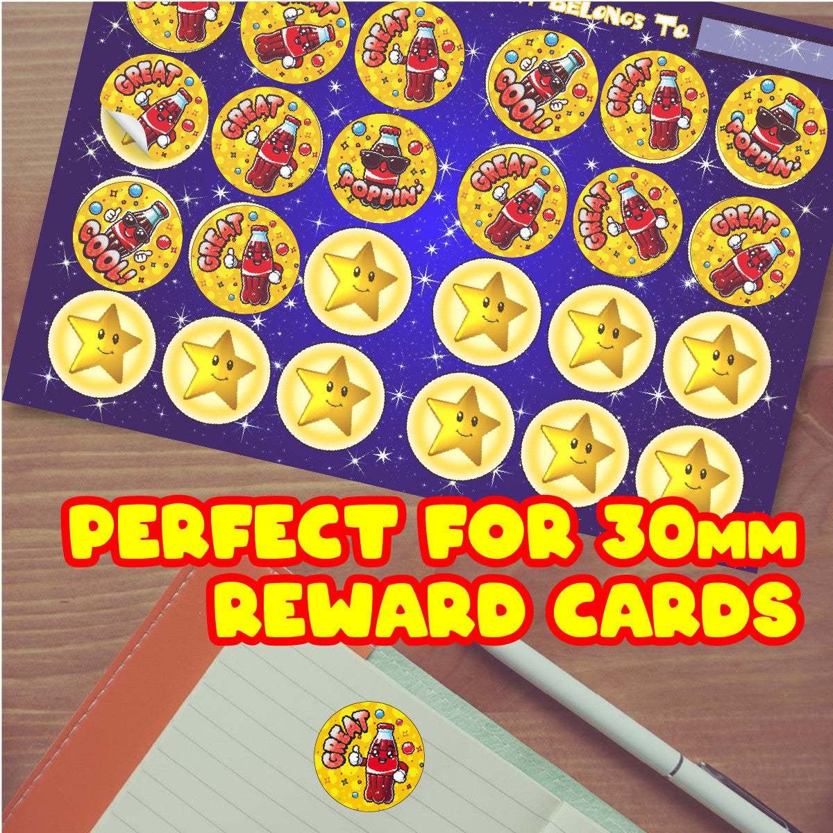 120 Cool Cola Praise Words Scented 30mm Reward Stickers for Teachers, Parents and Party Bags