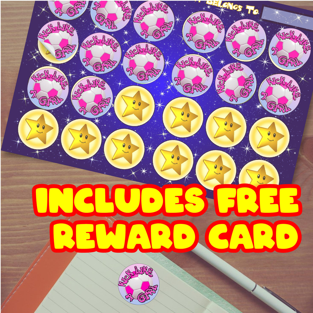 144 Kick Like A Girl Football 30mm Children's Reward Stickers for Teachers or Parents and Party Bags