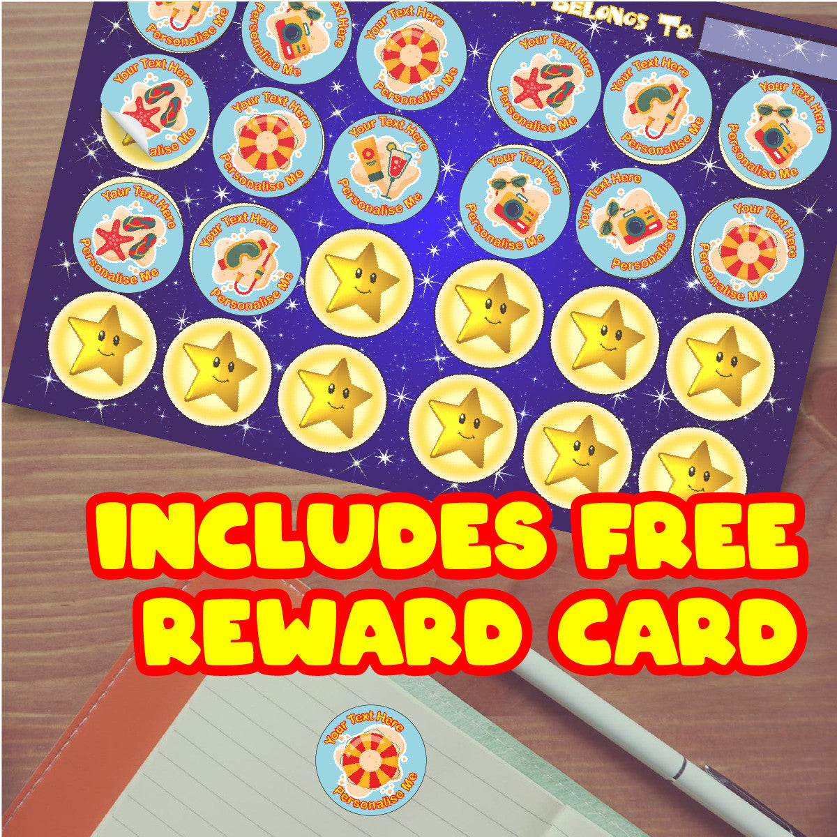 Sticker Stocker - 144 Personalised 30mm Beach Holiday Reward Stickers for School Teachers, Parents and Nursery