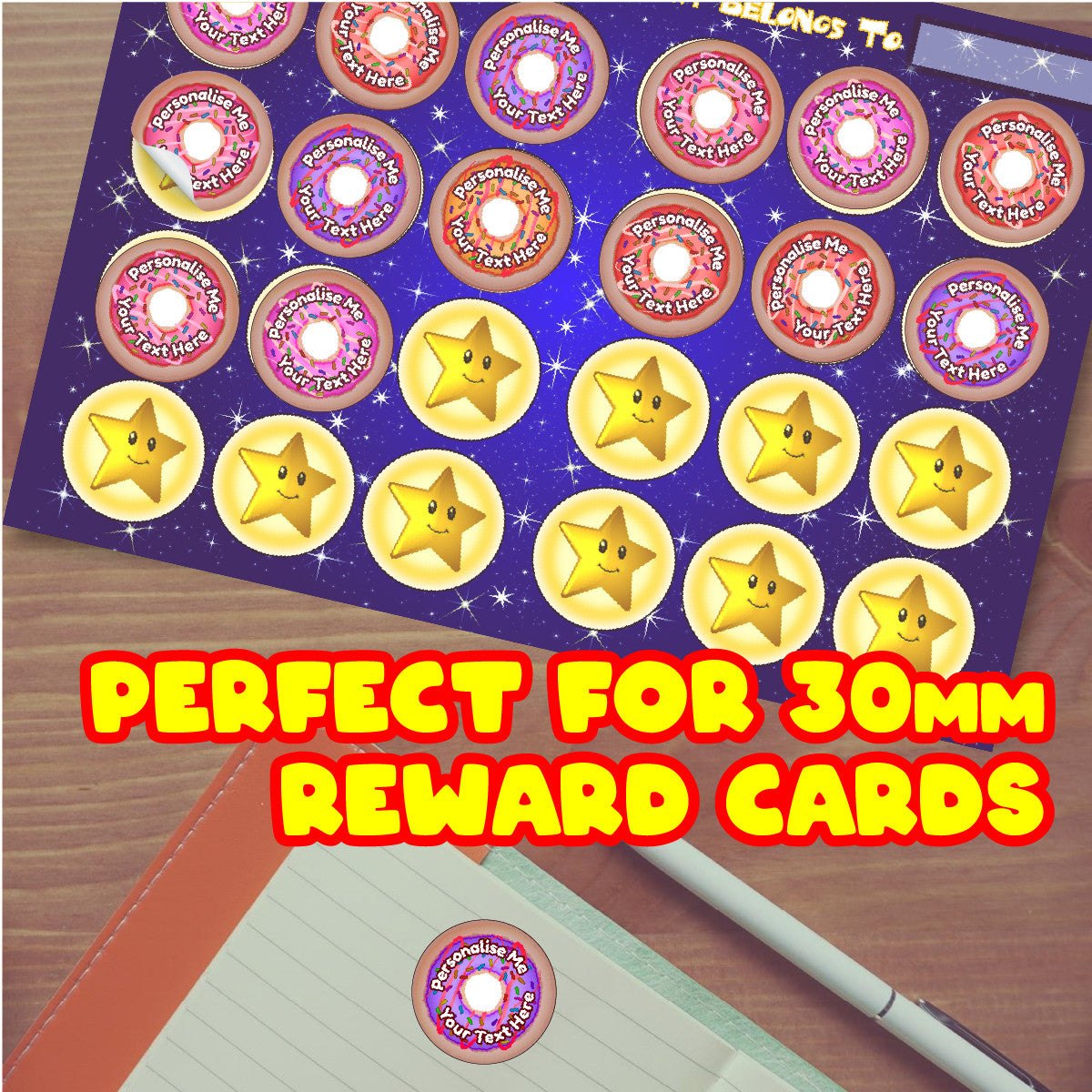 Sticker Stocker - 120 Strawberry Scented Personalised Stickers - Donut - Personalised 30 mm Scented Stickers - For Teachers Nursery Parents