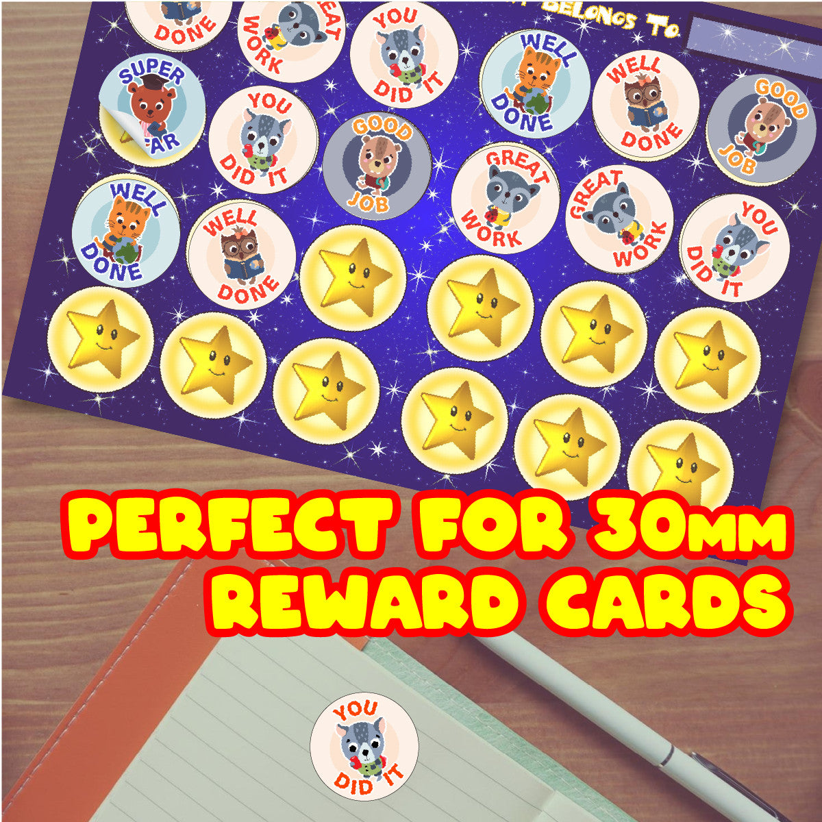 Sticker Stocker 144 Animal Activity Praise Words Stickers - 30mm - Glossy Reward Stickers for Teachers & Parents