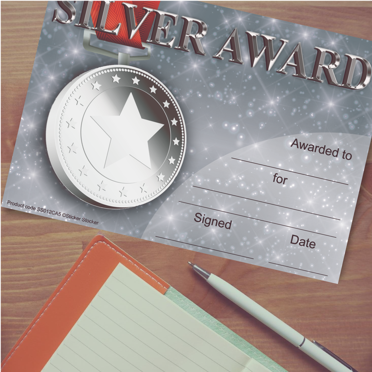 Sticker Stocker 30 Silver Award Certificates for school teachers, 250gsm A5 silk finish card