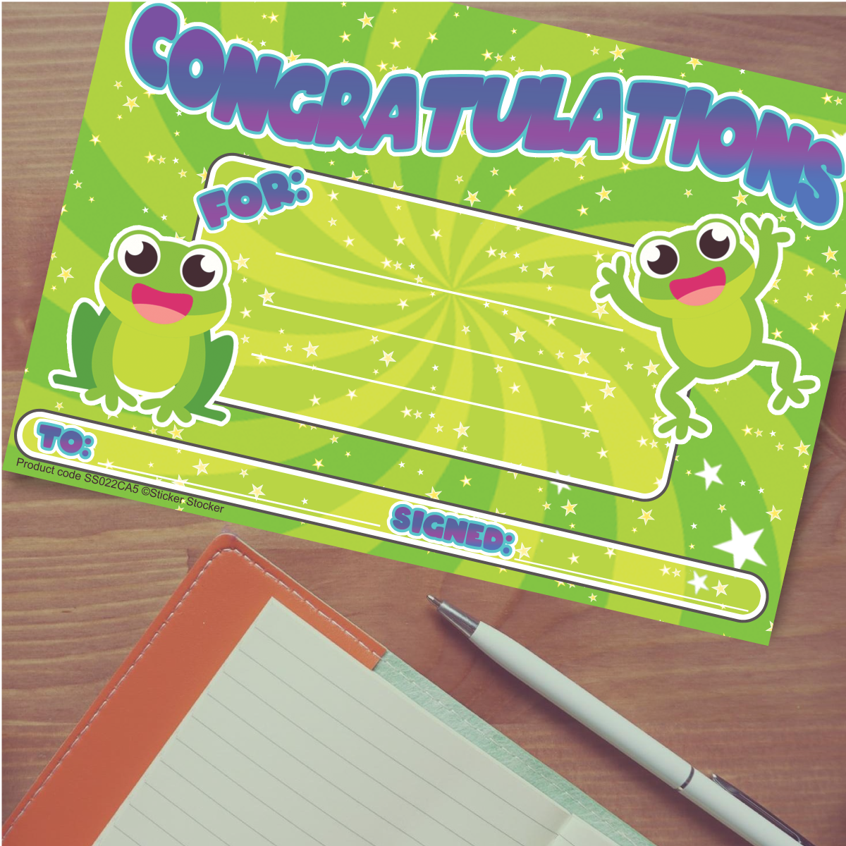 Sticker Stocker 30 Congratulations Frog Award certificates for school teachers, 250gsm A5 silk finish card