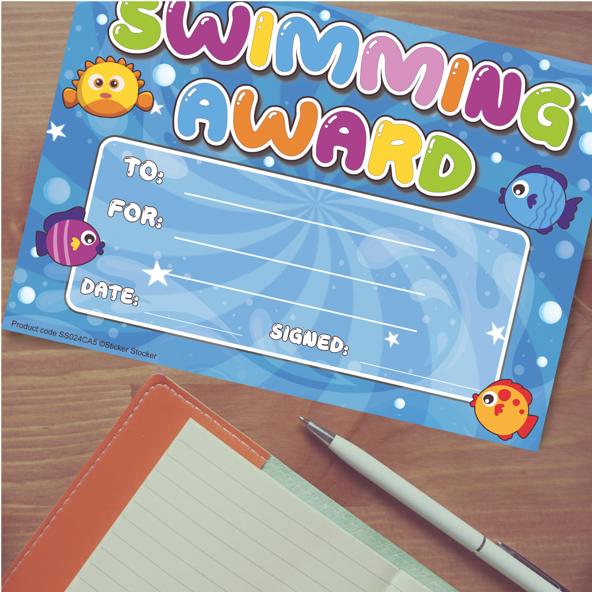 Sticker Stocker 30 Swimming Award certificates for school teachers, 250gsm A5 silk finish card