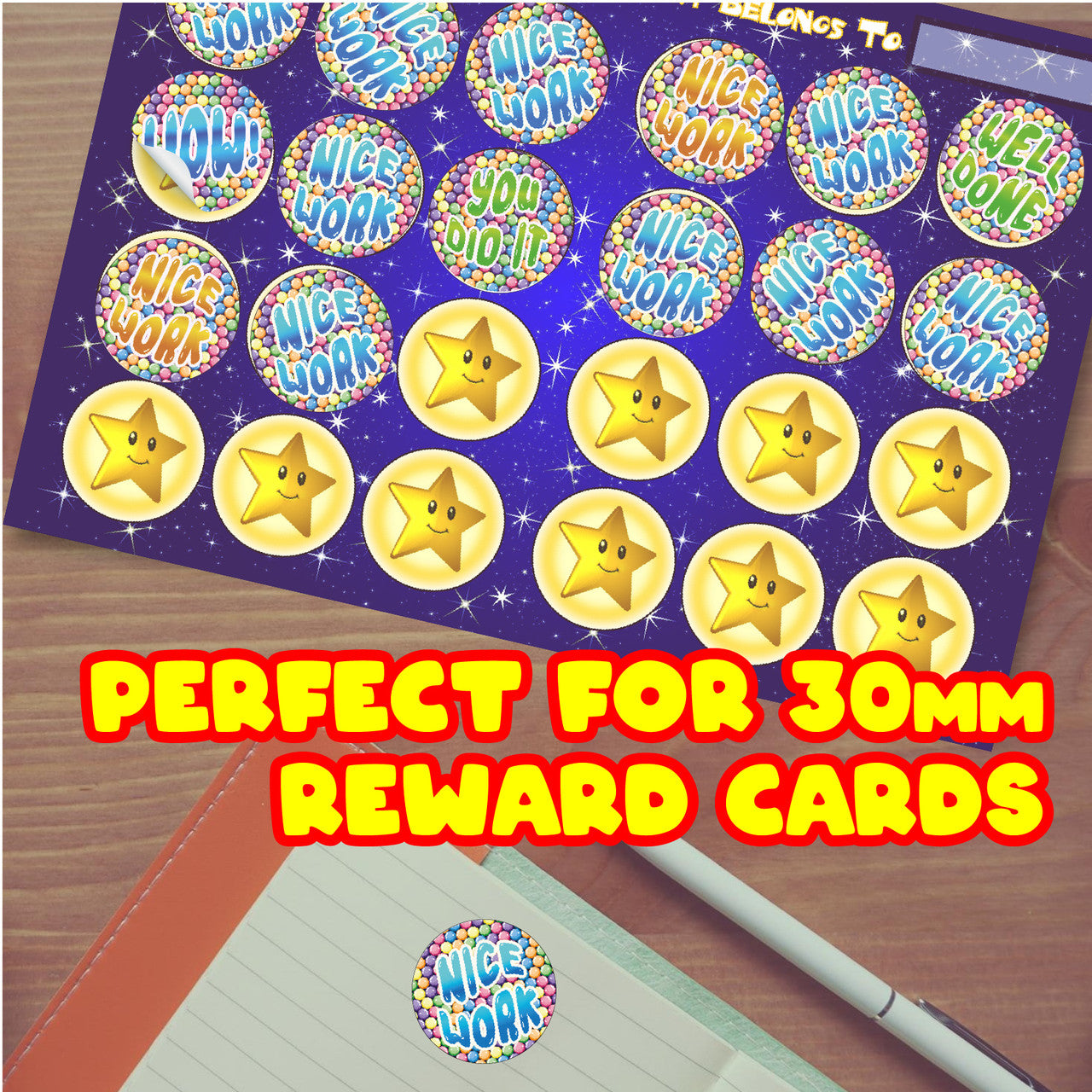 Sticker Stocker - 120 Bubblegum Praise Words 30mm Scented Reward Stickers for Teachers, Parents and Party Bags