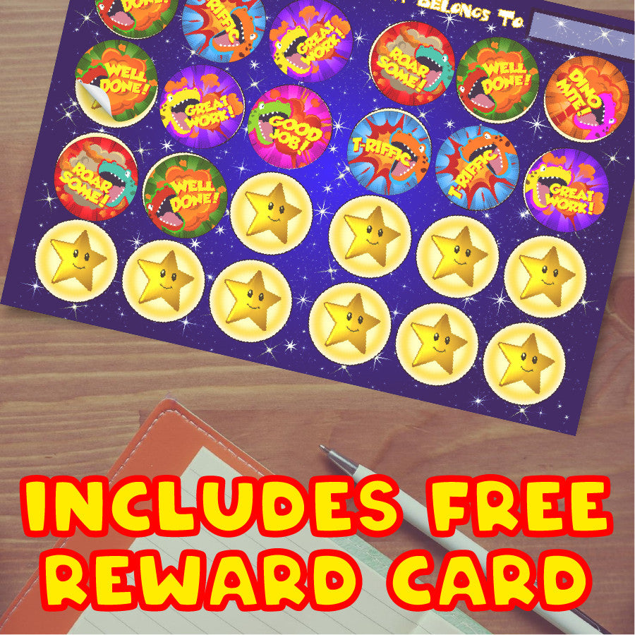 Sticker Stocker 144 Dinosaur Praise Words 30 mm Reward Stickers for Teachers, Parents and Party Bags